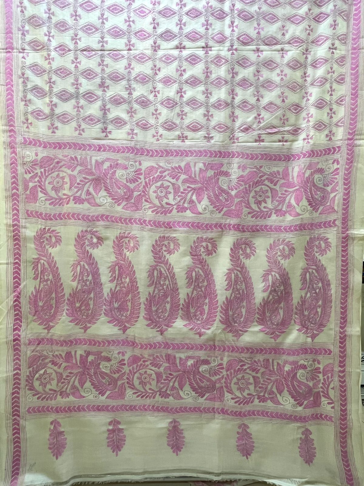 Pure Tussar Silk Handwoven Saree with hand Kantha Embroidery - Ivory White with Pink