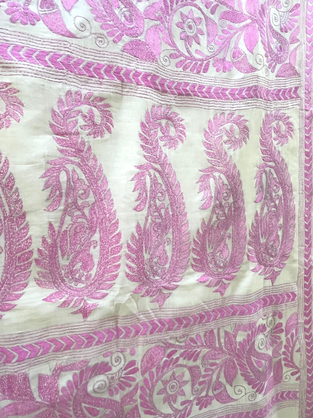 Pure Tussar Silk Handwoven Saree with hand Kantha Embroidery - Ivory White with Pink