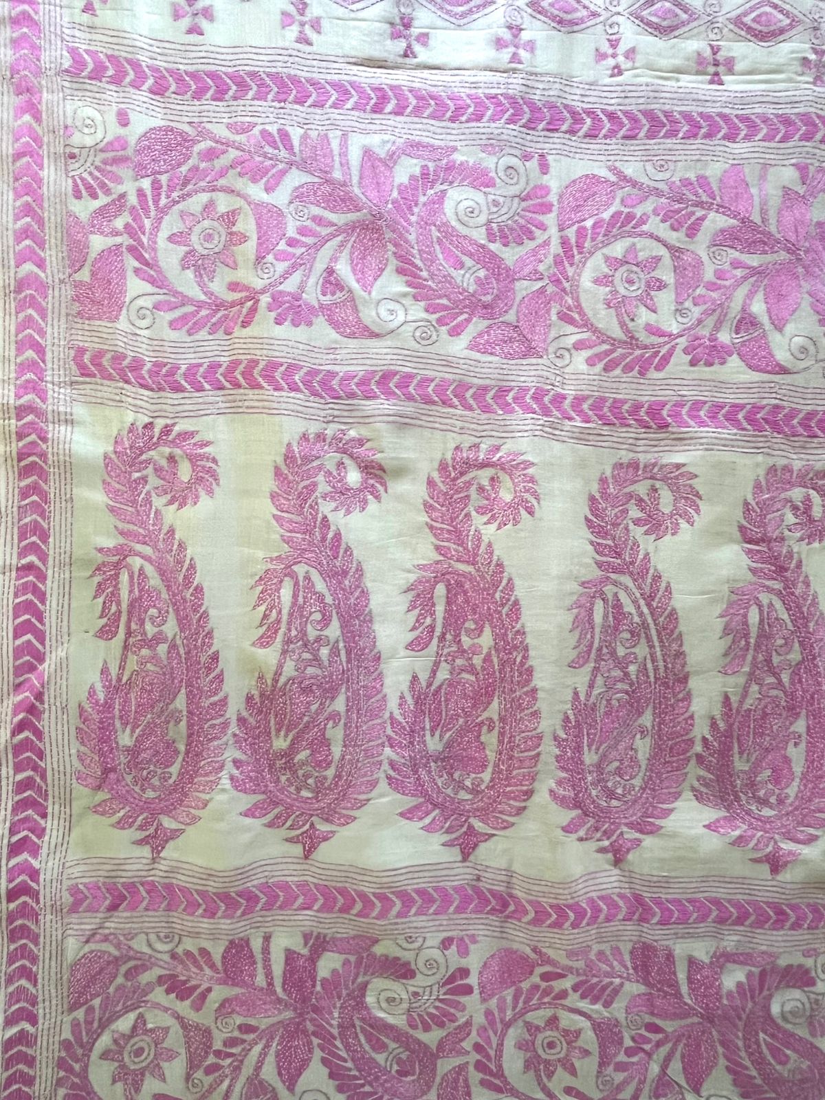 Pure Tussar Silk Handwoven Saree with hand Kantha Embroidery - Ivory White with Pink