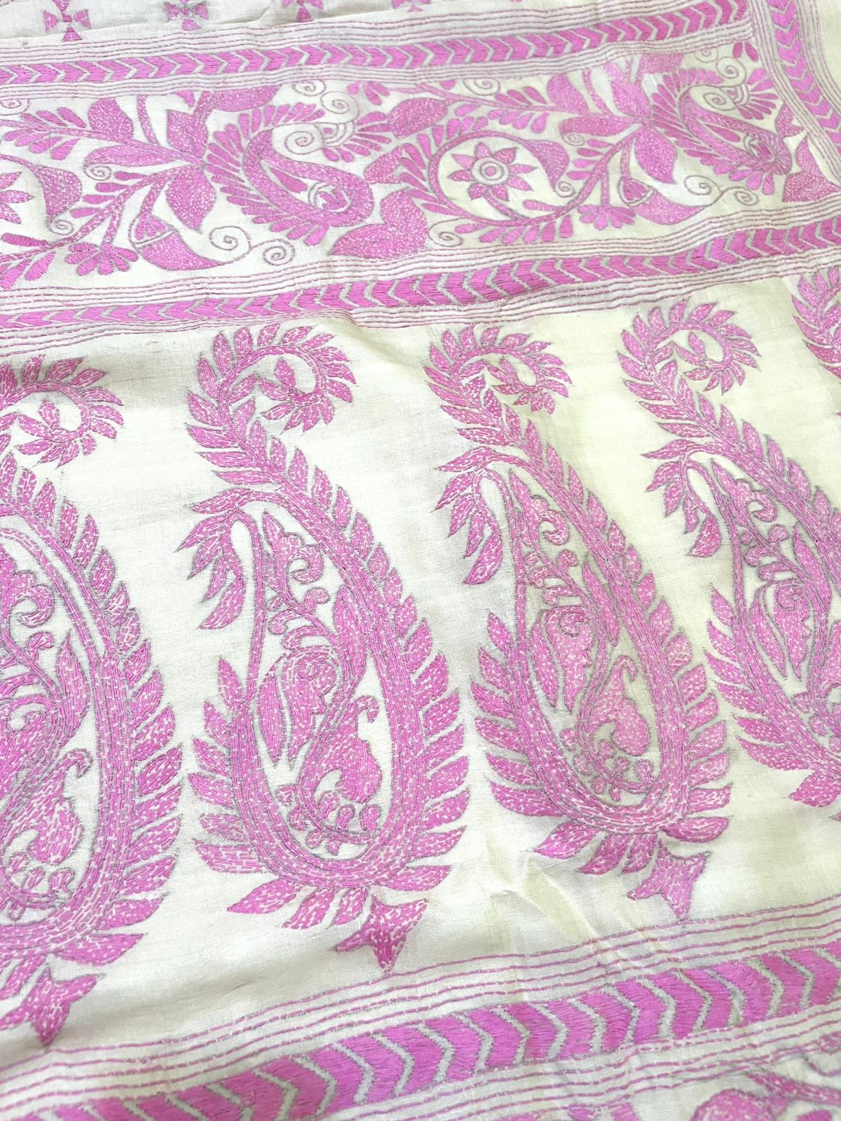 Pure Tussar Silk Handwoven Saree with hand Kantha Embroidery - Ivory White with Pink