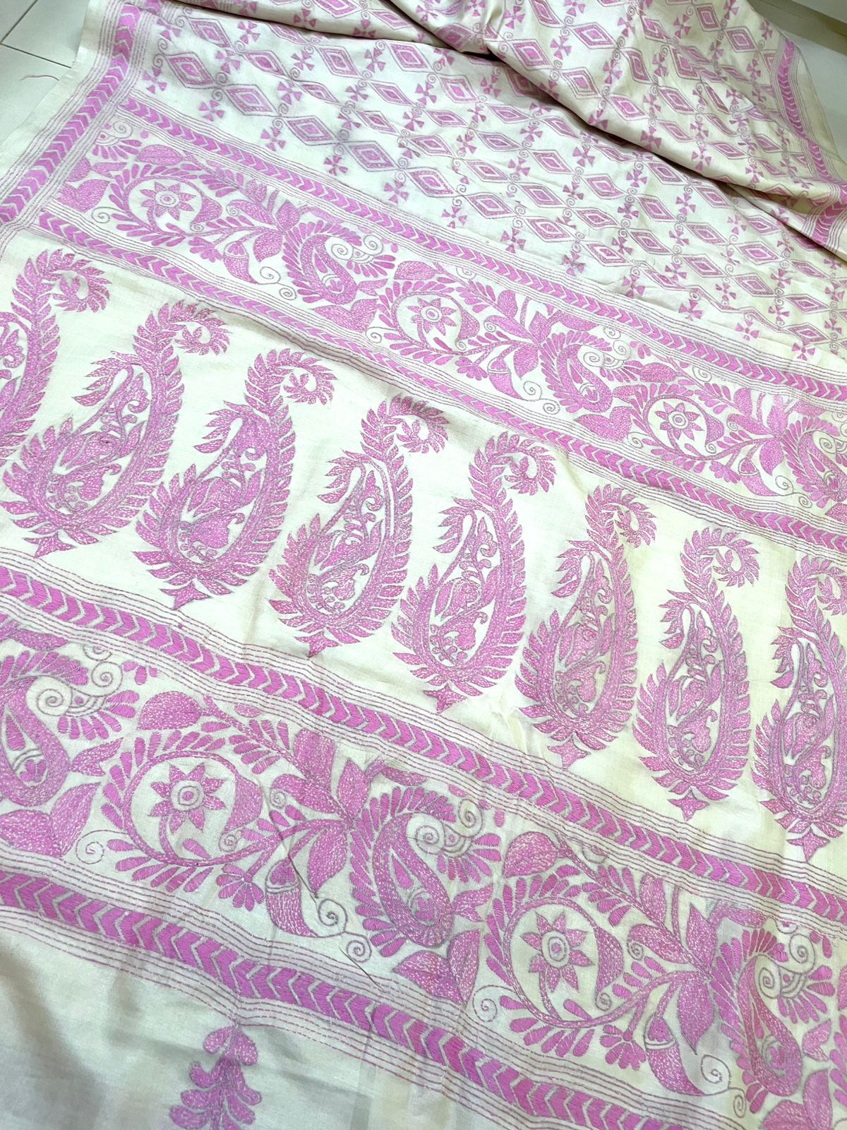 Pure Tussar Silk Handwoven Saree with hand Kantha Embroidery - Ivory White with Pink
