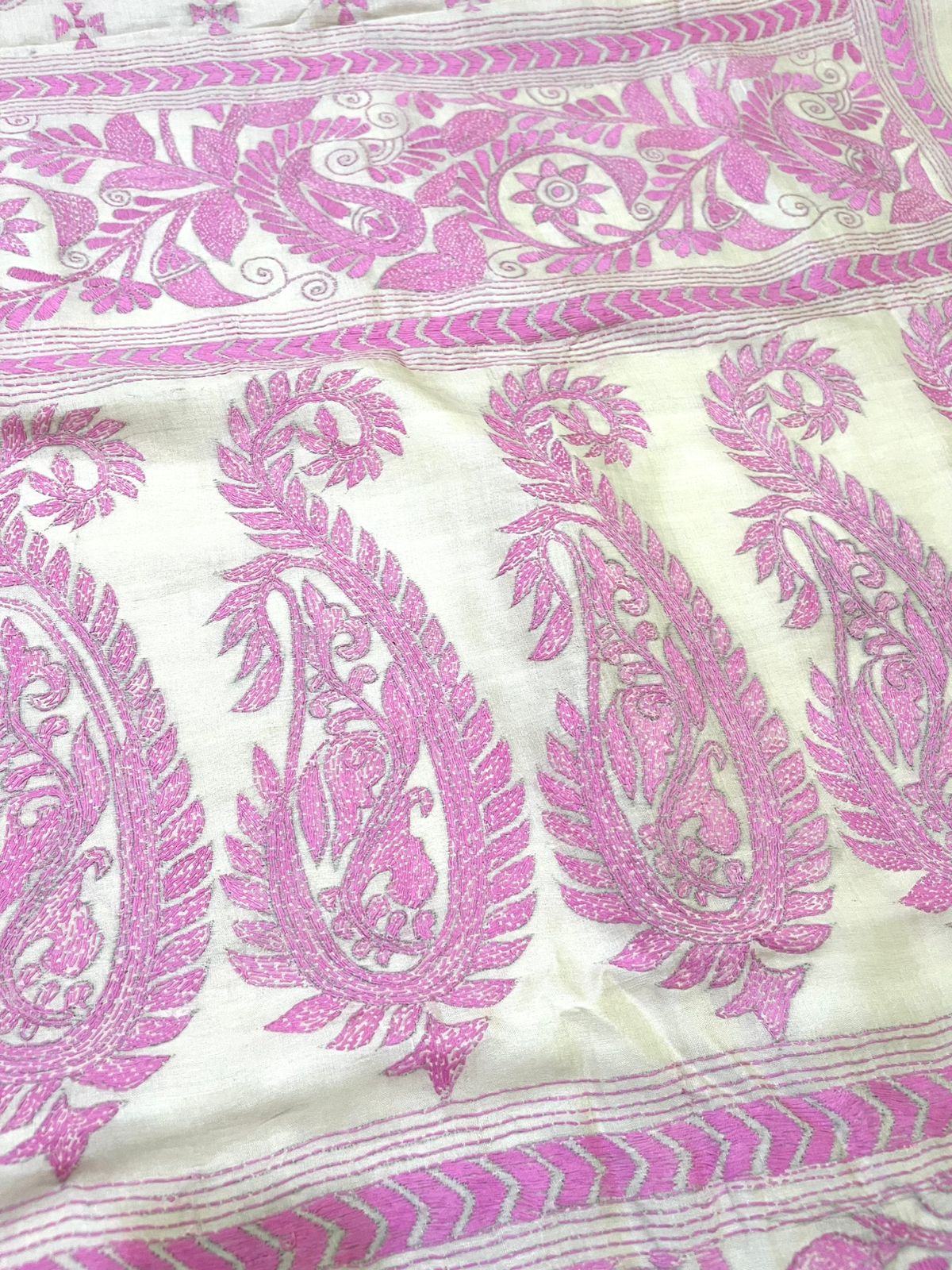 Pure Tussar Silk Handwoven Saree with hand Kantha Embroidery - Ivory White with Pink