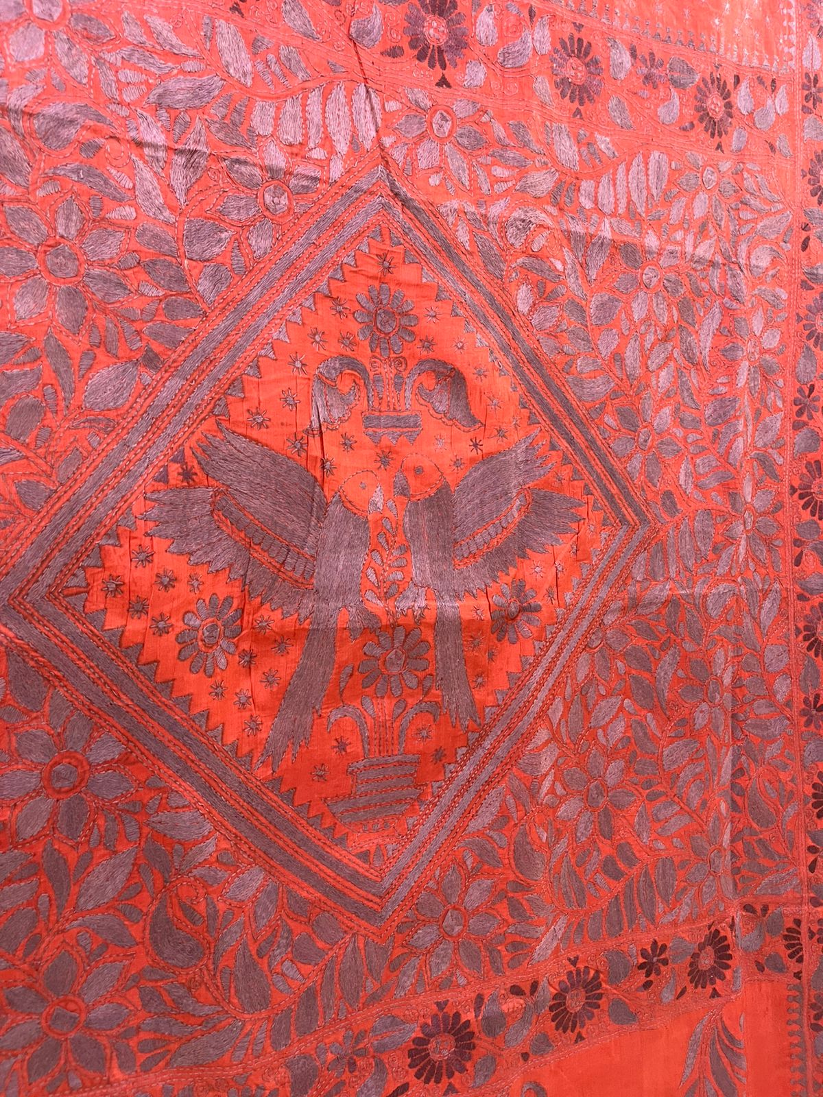 Pure Tussar Silk Handwoven Saree with hand Kantha Embroidery - Soft Coral with Grey