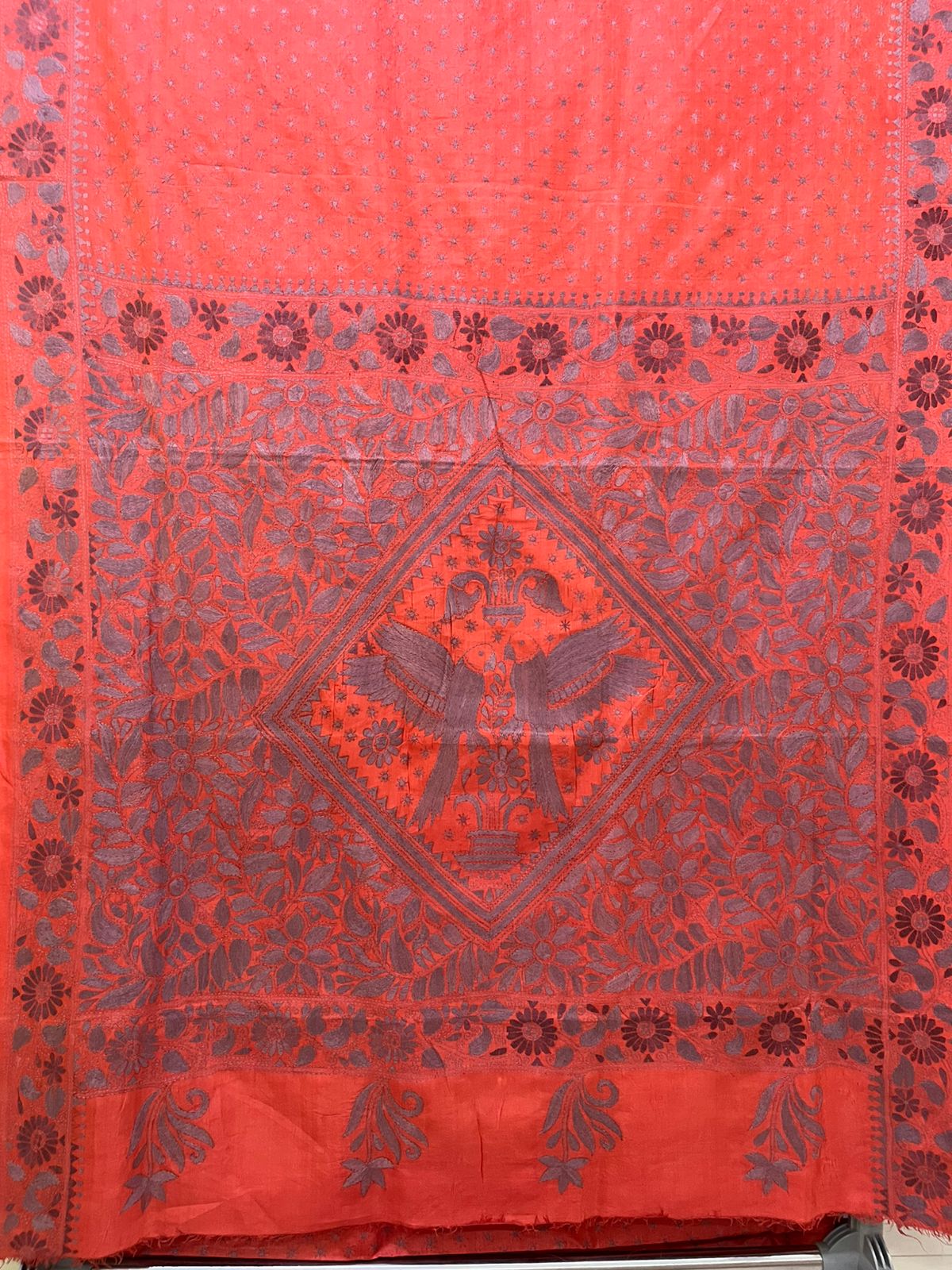 Pure Tussar Silk Handwoven Saree with hand Kantha Embroidery - Soft Coral with Grey
