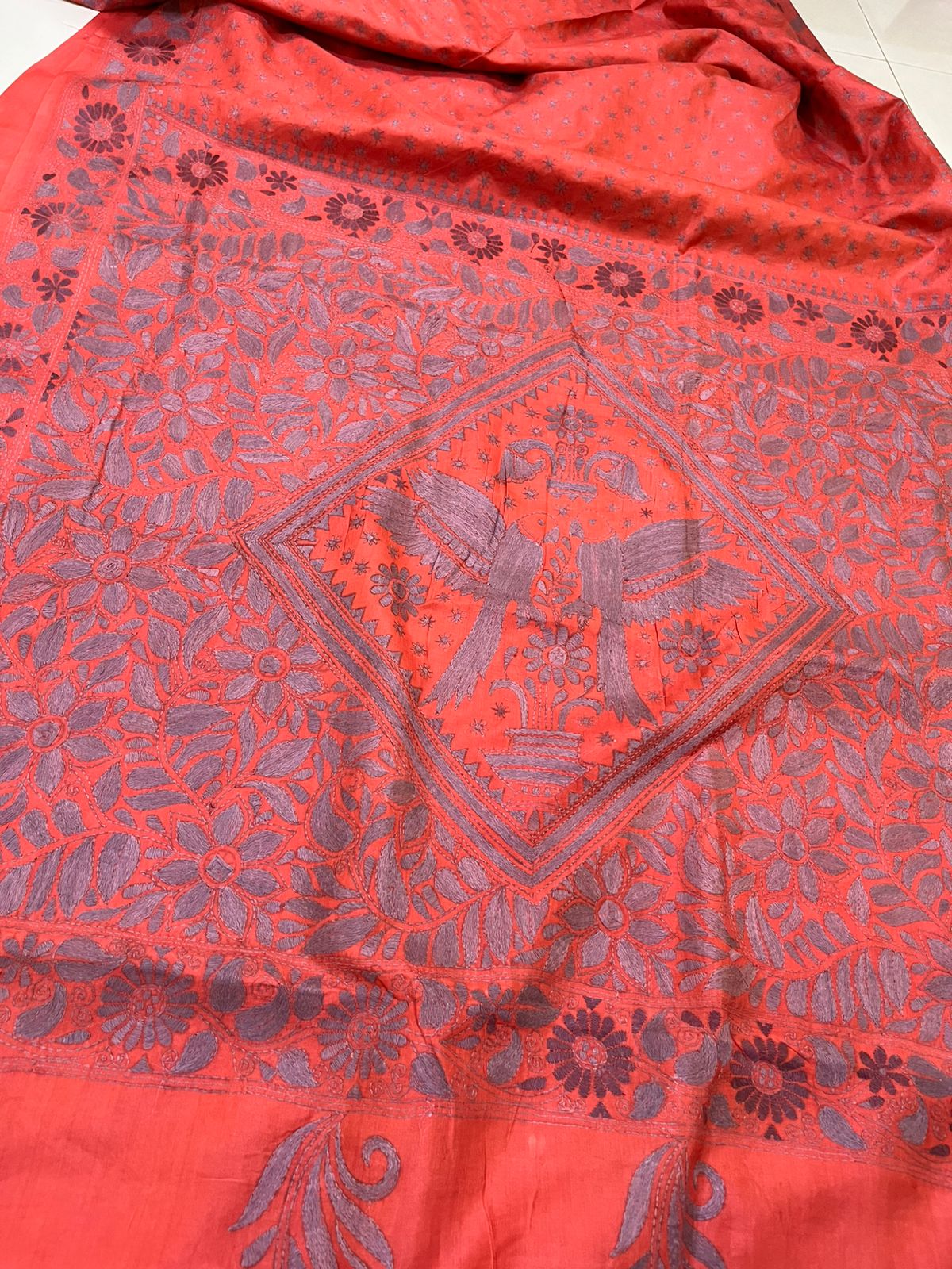 Pure Tussar Silk Handwoven Saree with hand Kantha Embroidery - Soft Coral with Grey