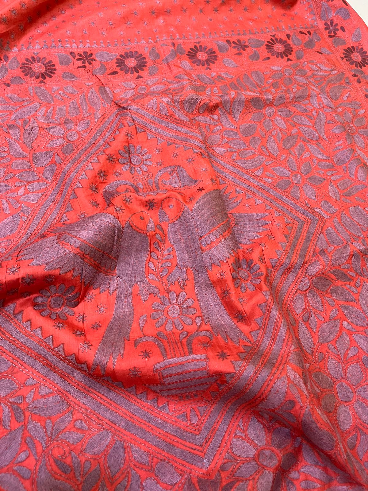 Pure Tussar Silk Handwoven Saree with hand Kantha Embroidery - Soft Coral with Grey