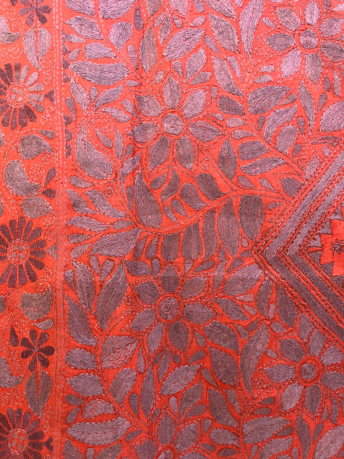 Pure Tussar Silk Handwoven Saree with hand Kantha Embroidery - Soft Coral with Grey