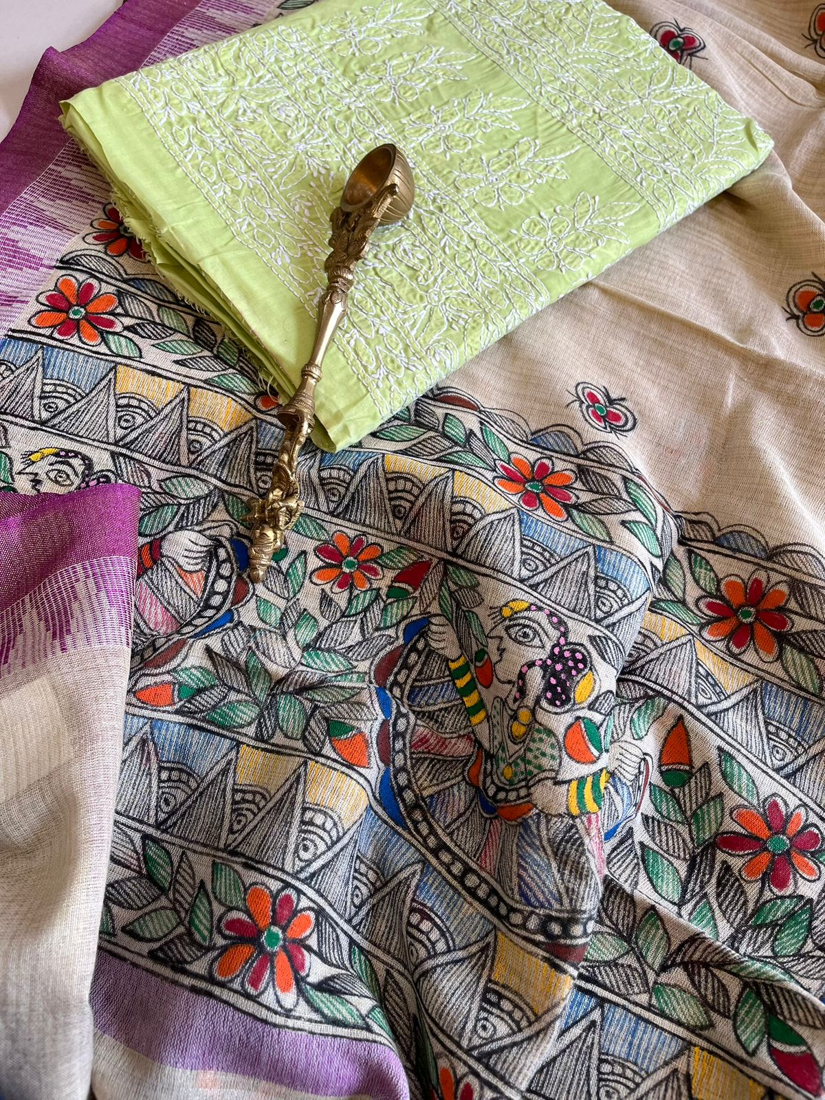 Exclusive Chikankari Kurta and Madhubani Hand Painted Dupatta Set - Green Kurta