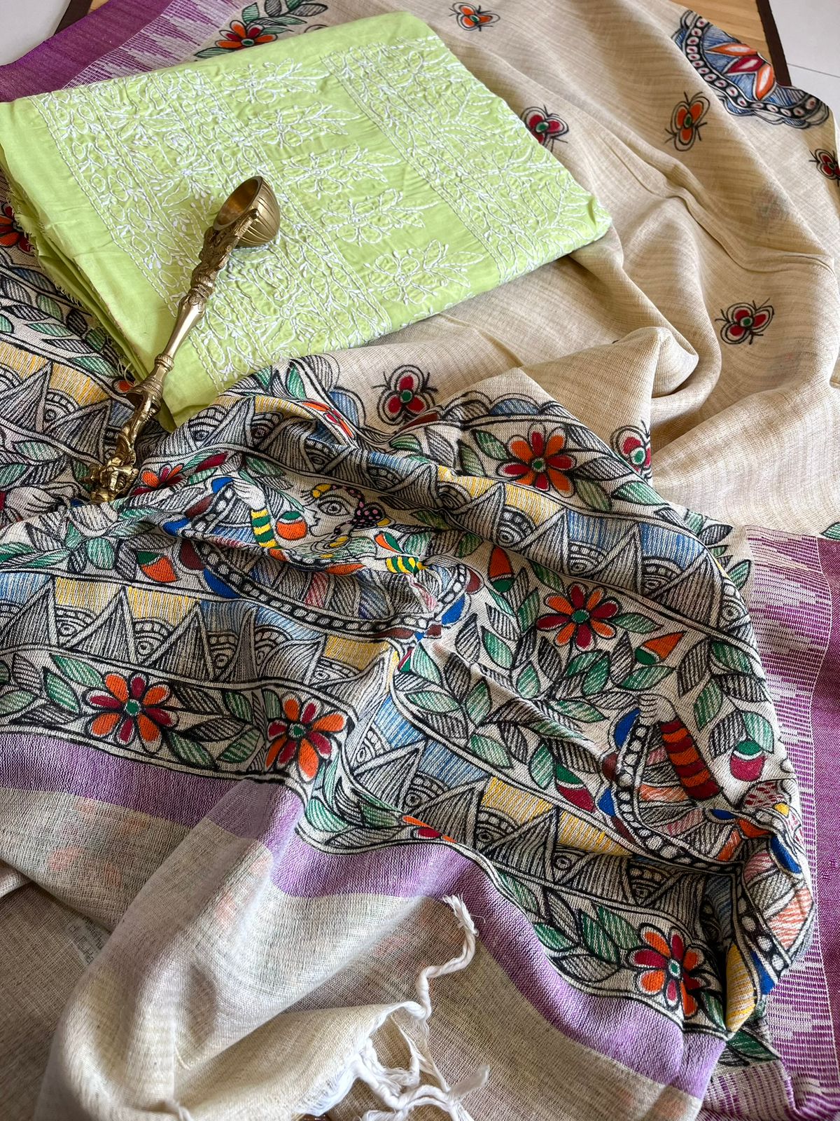 Exclusive Chikankari Kurta and Madhubani Hand Painted Dupatta Set - Green Kurta