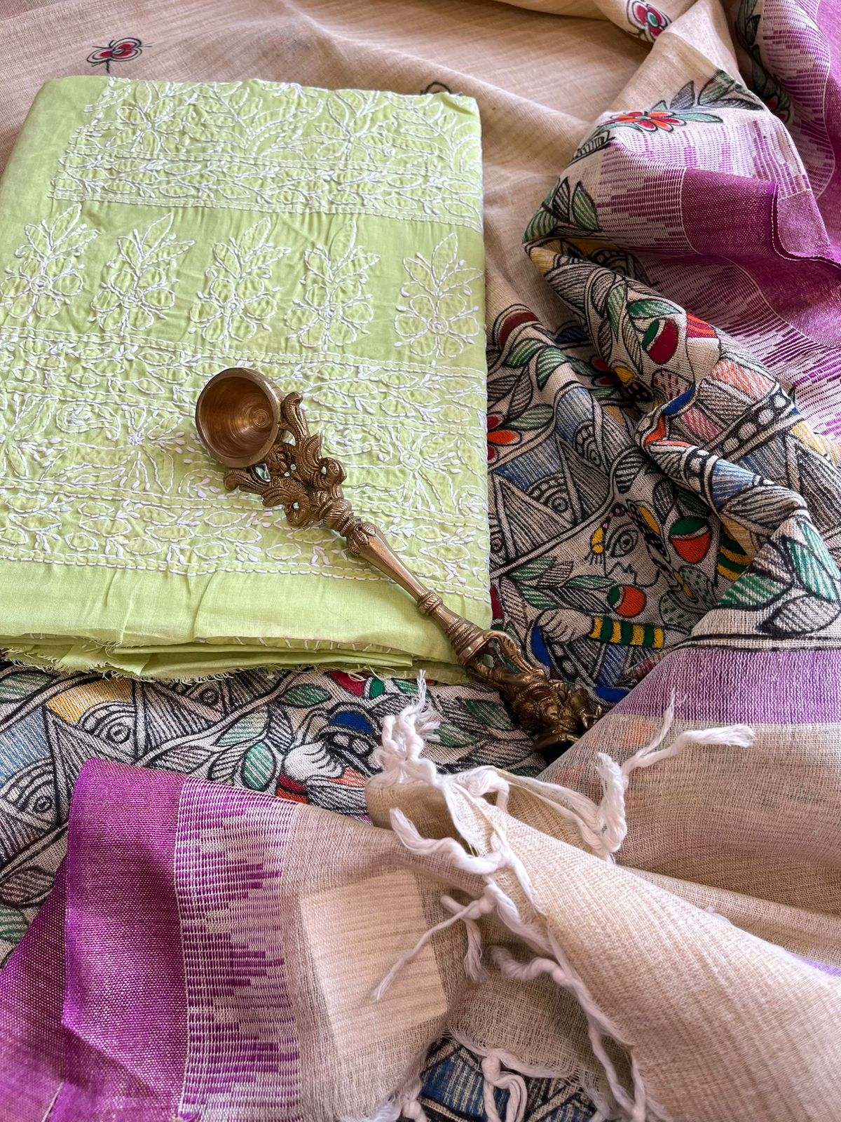 Exclusive Chikankari Kurta and Madhubani Hand Painted Dupatta Set - Green Kurta