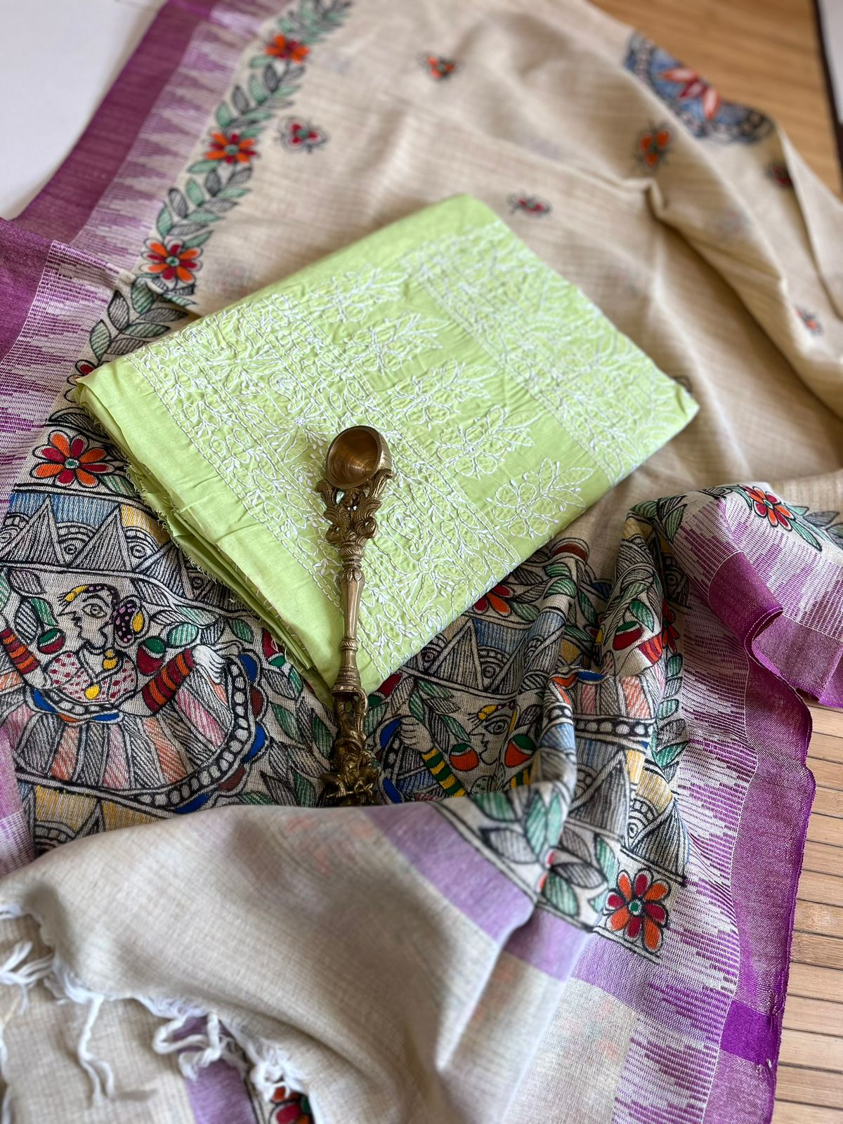 Exclusive Chikankari Kurta and Madhubani Hand Painted Dupatta Set - Green Kurta