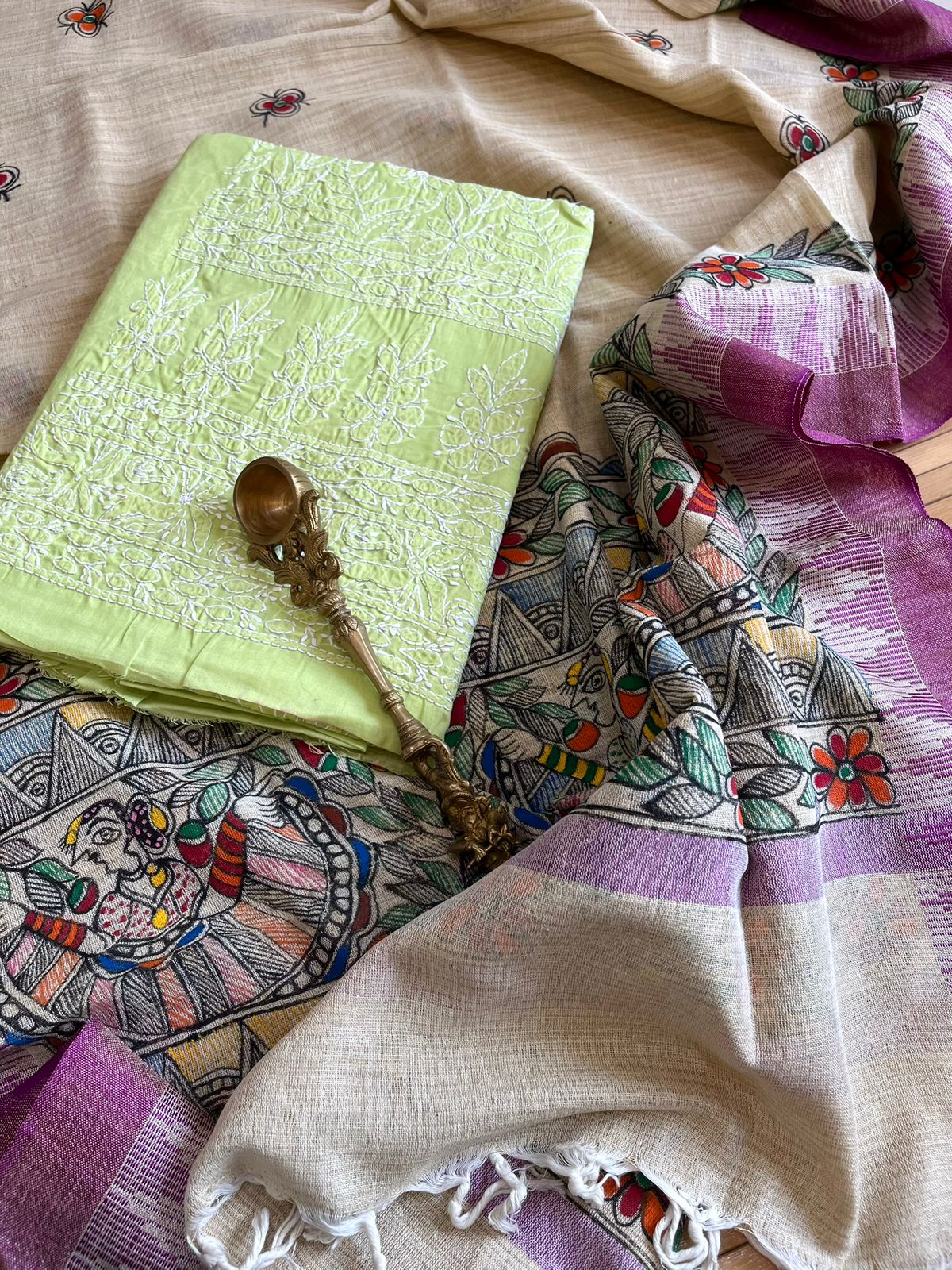 Exclusive Chikankari Kurta and Madhubani Hand Painted Dupatta Set - Green Kurta