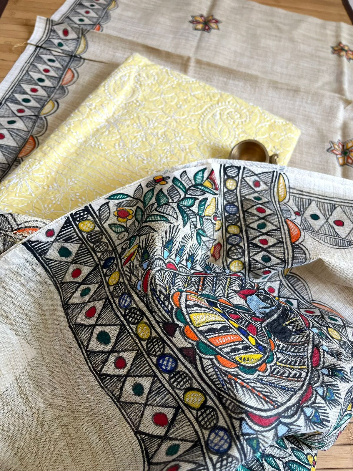 Exclusive Chikankari Kurta and Madhubani Hand Painted Dupatta Set - Lime Yellow Kurta