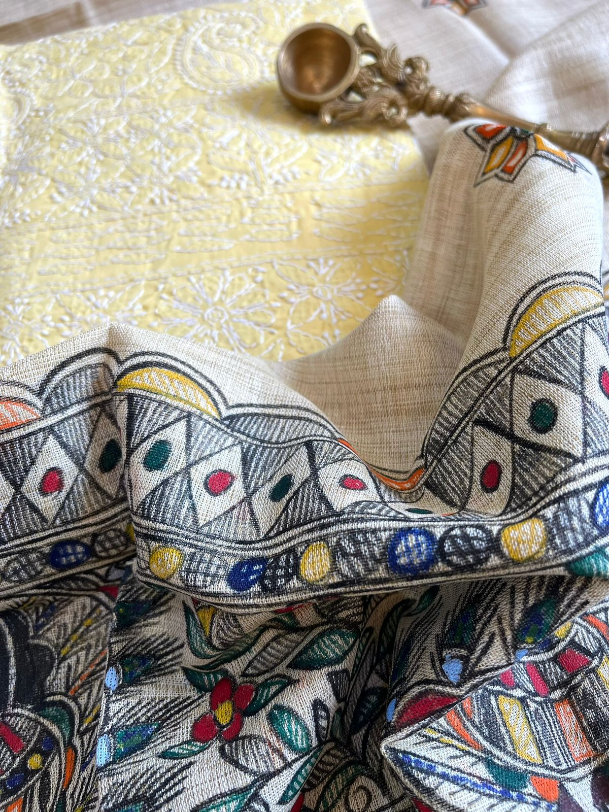 Exclusive Chikankari Kurta and Madhubani Hand Painted Dupatta Set - Lime Yellow Kurta