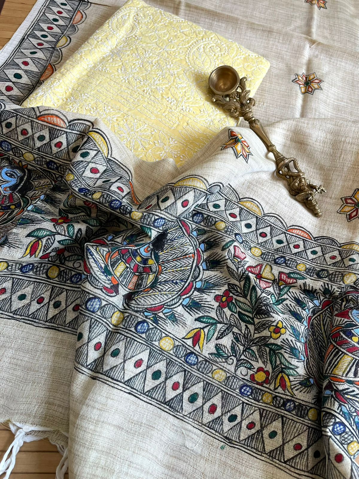 Exclusive Chikankari Kurta and Madhubani Hand Painted Dupatta Set - Lime Yellow Kurta