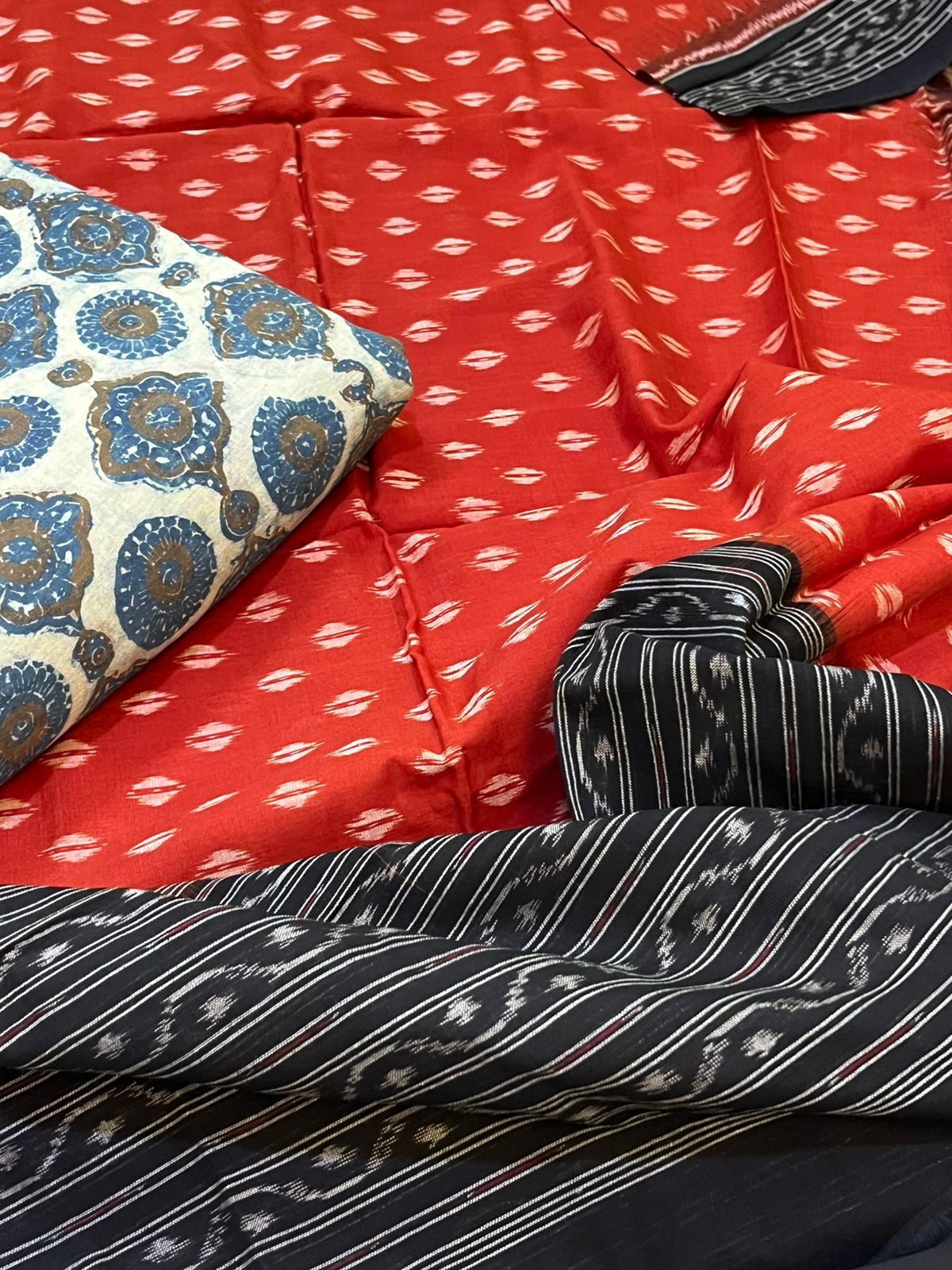 Cotton Handloom Sambhalpuri Dupatta with Block Print Kurta - Rust