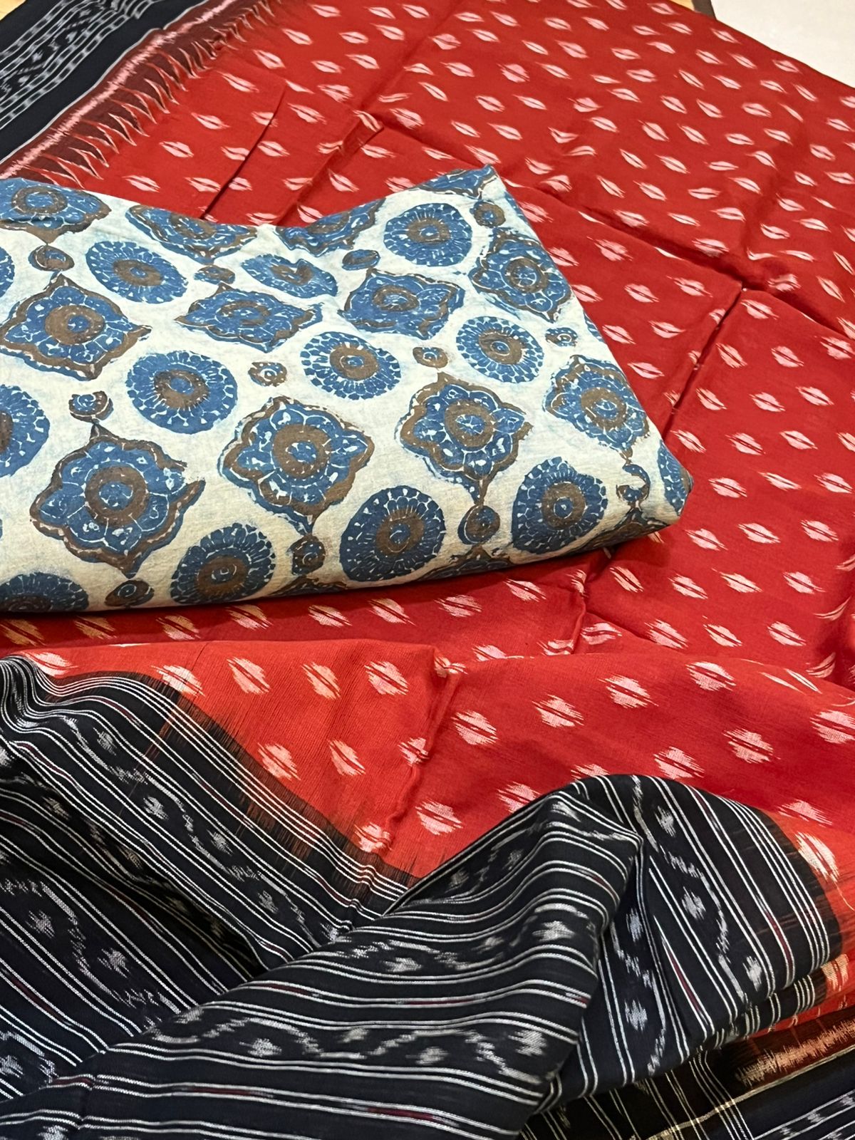 Cotton Handloom Sambhalpuri Dupatta with Block Print Kurta - Rust