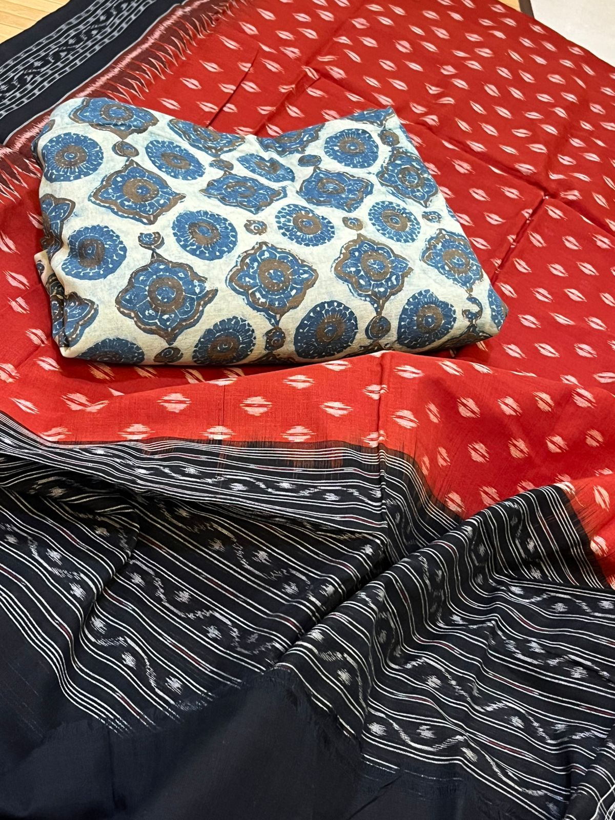 Cotton Handloom Sambhalpuri Dupatta with Block Print Kurta - Rust