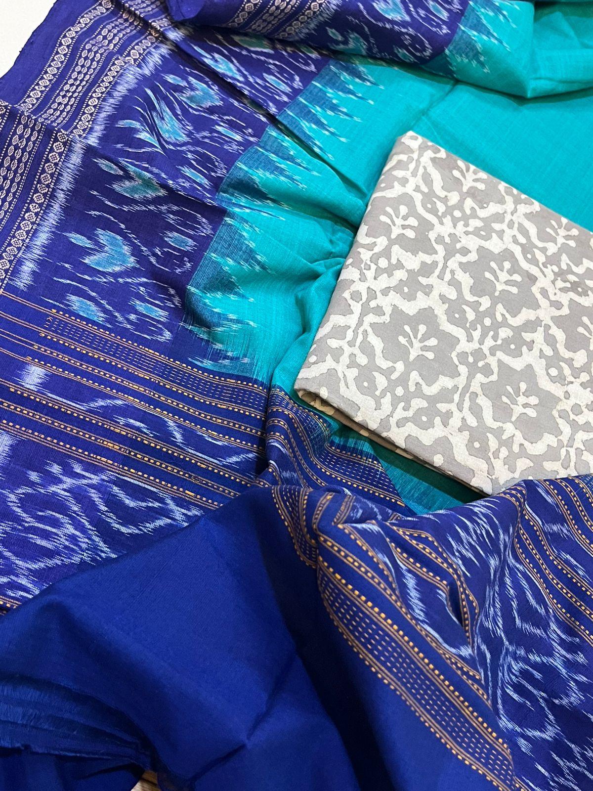 Cotton Handloom Sambhalpuri Dupatta with Block Print Kurta - Shades of Blue