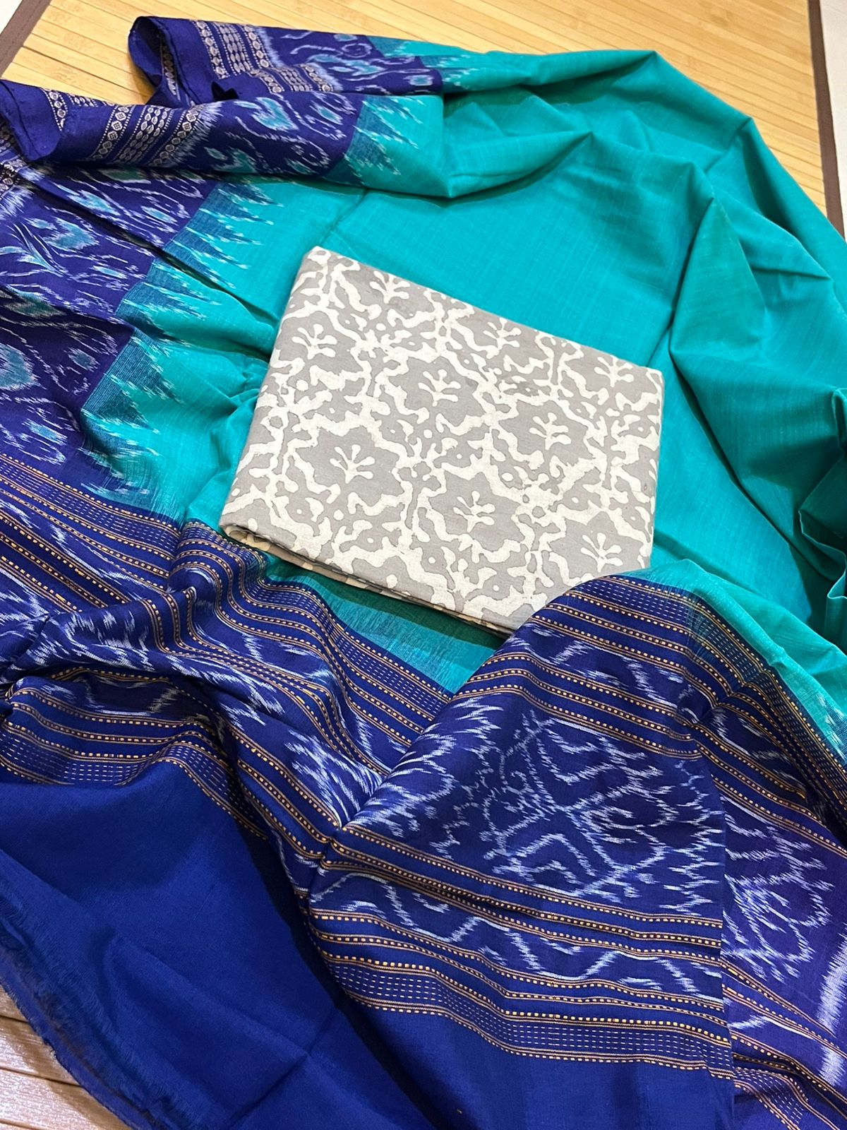 Cotton Handloom Sambhalpuri Dupatta with Block Print Kurta - Shades of Blue