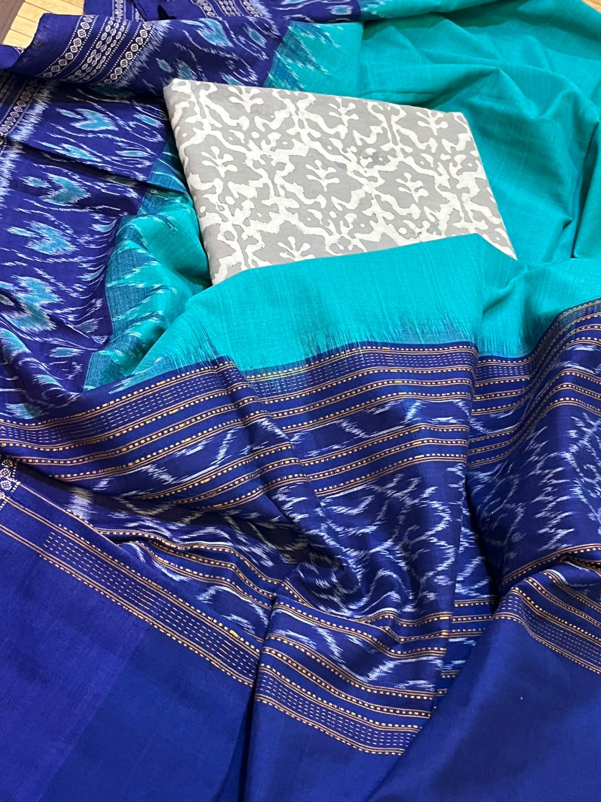 Cotton Handloom Sambhalpuri Dupatta with Block Print Kurta - Shades of Blue