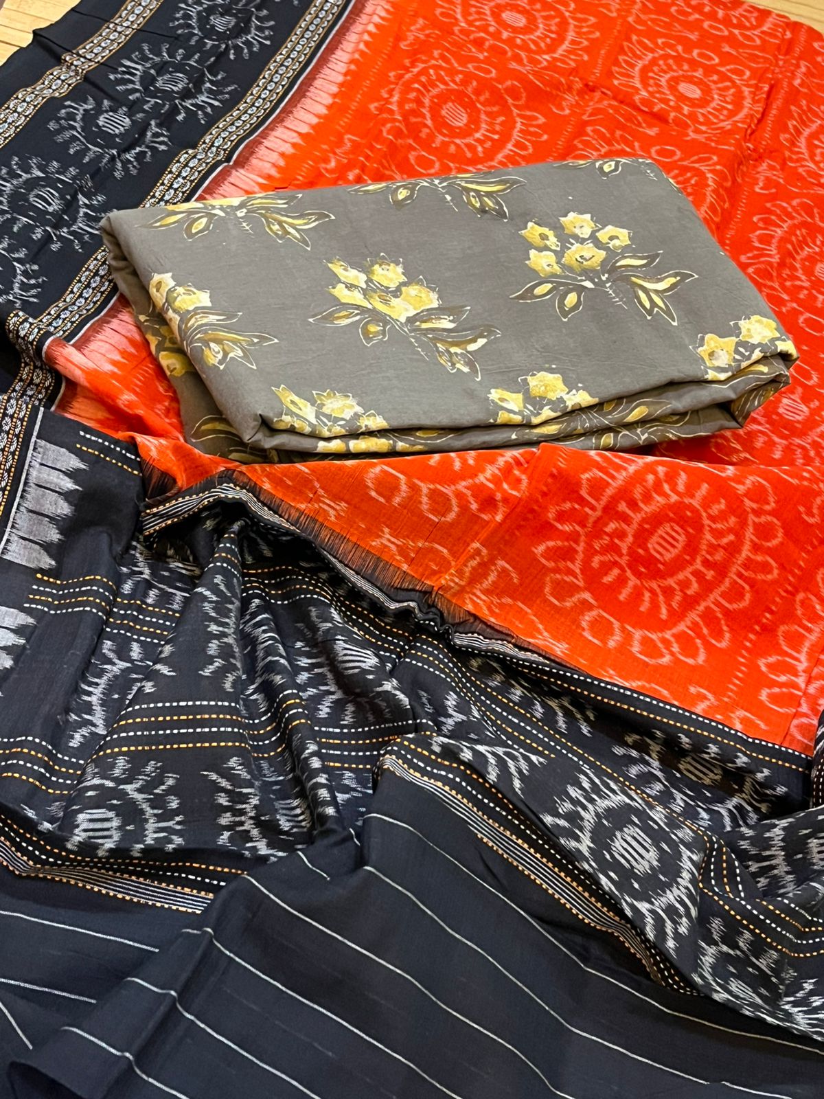 Cotton Handloom Sambhalpuri Dupatta with Block Print Kurta - Orange and Black