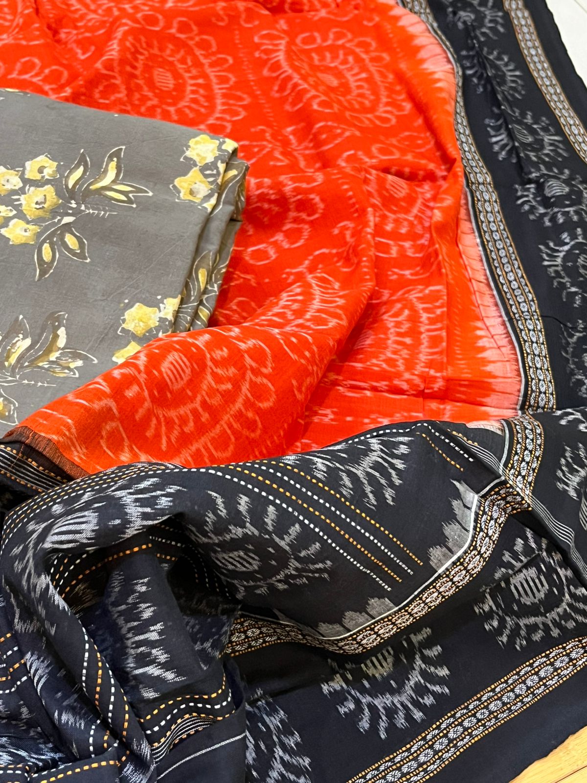 Cotton Handloom Sambhalpuri Dupatta with Block Print Kurta - Orange and Black