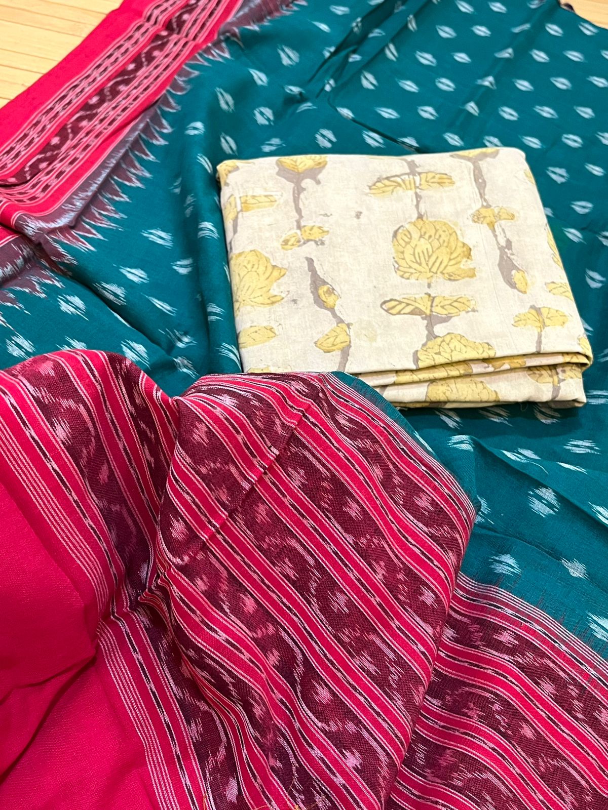 Cotton Handloom Sambhalpuri Dupatta with Block Print Kurta - Bottle Green