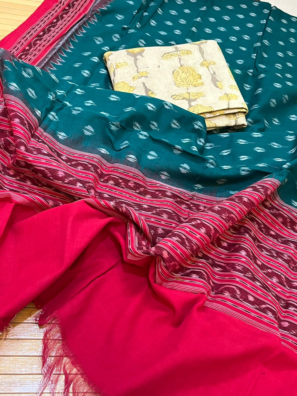 Cotton Handloom Sambhalpuri Dupatta with Block Print Kurta - Bottle Green