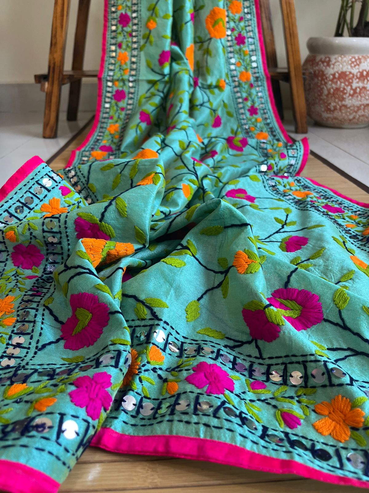 Vibrant Handmade Phulkari Embroidery Dupatta - Prismatic Petals