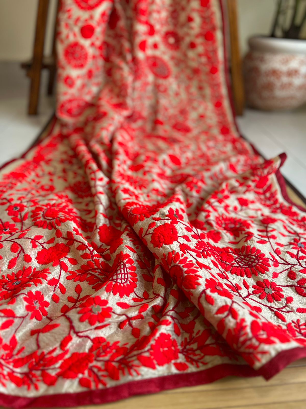 Vibrant Handmade Phulkari Embroidery Dupatta - Crimson Bloom