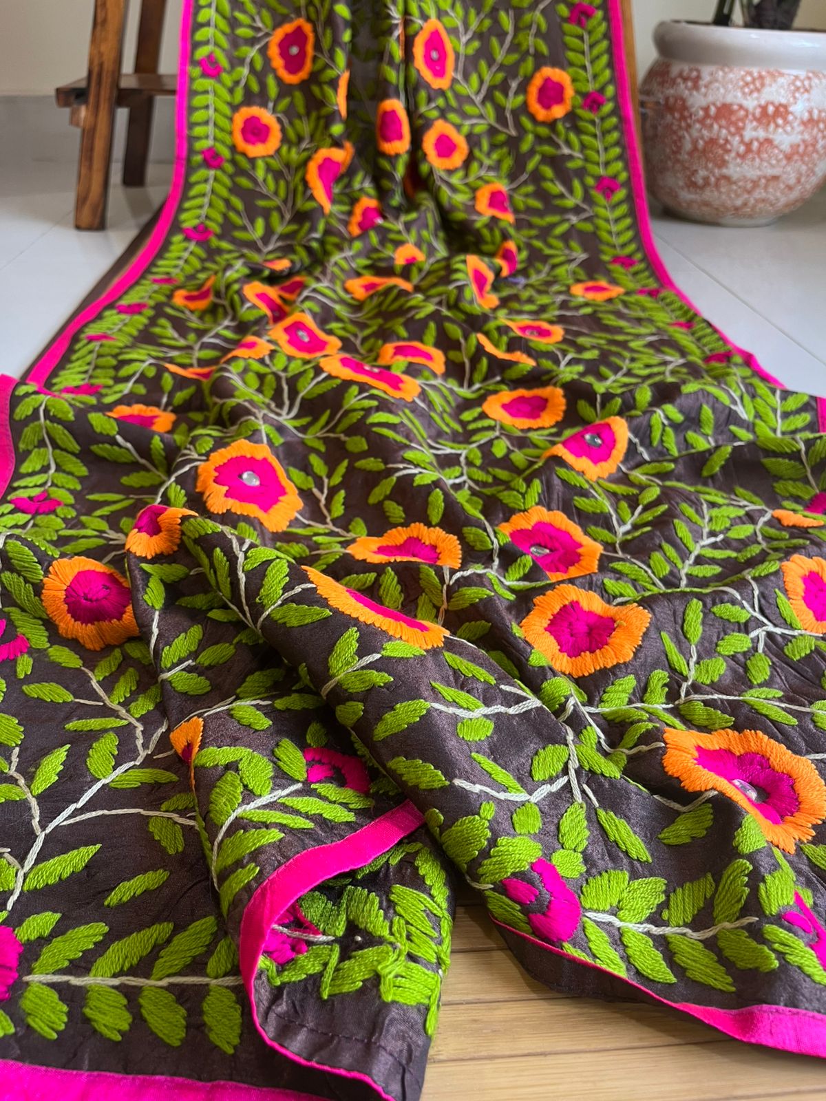 Vibrant Handmade Phulkari Embroidery Dupatta - Threaded Bloom
