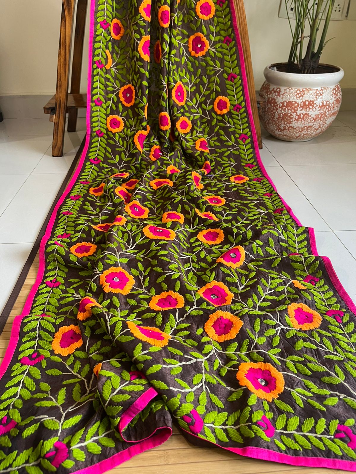 Vibrant Handmade Phulkari Embroidery Dupatta - Threaded Bloom