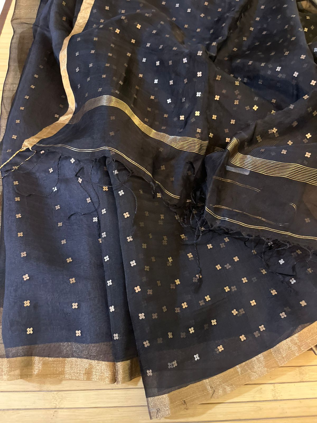 Muslin Silk Sequin Handloom Saree - Black