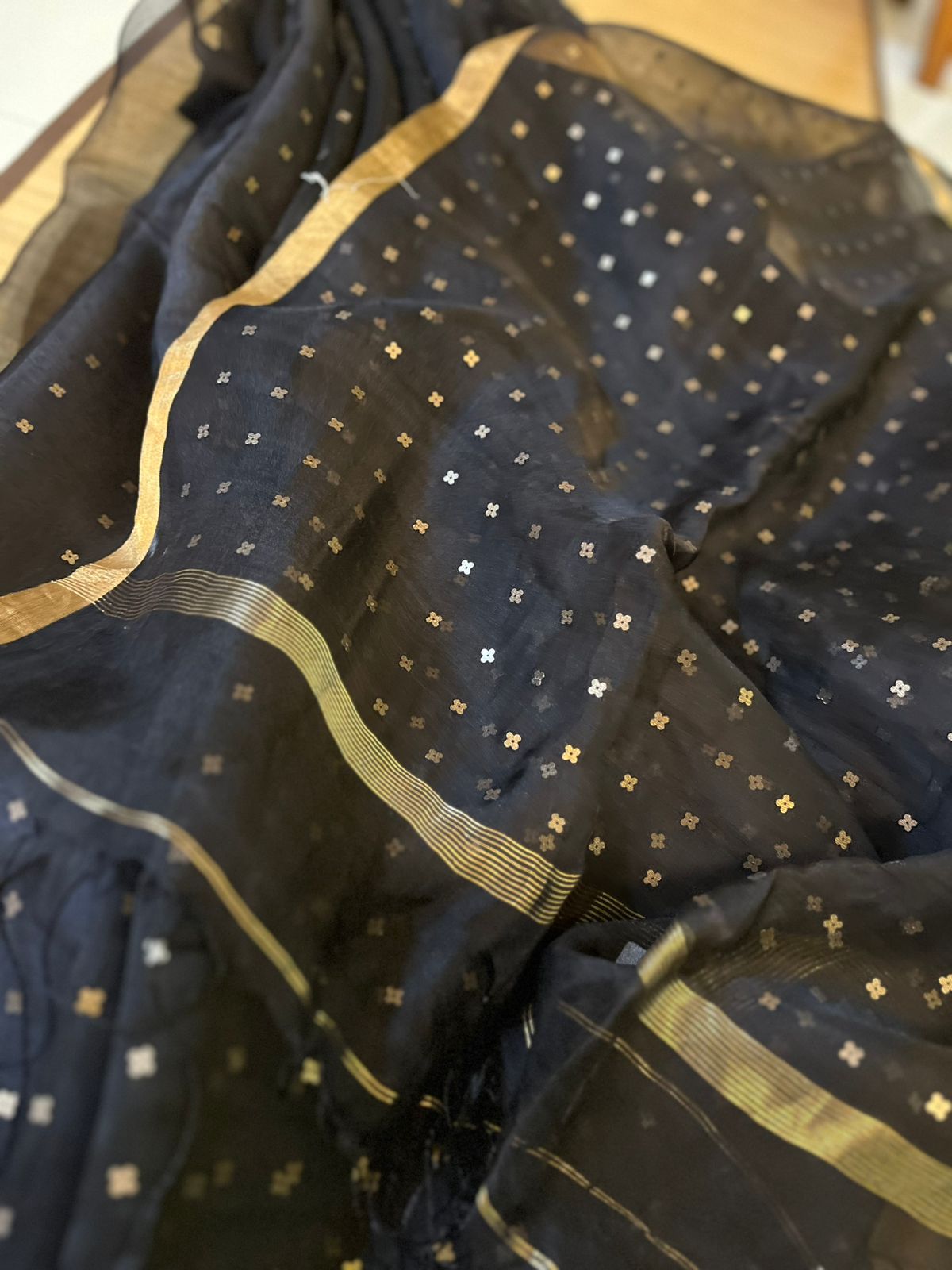 Muslin Silk Sequin Handloom Saree - Black