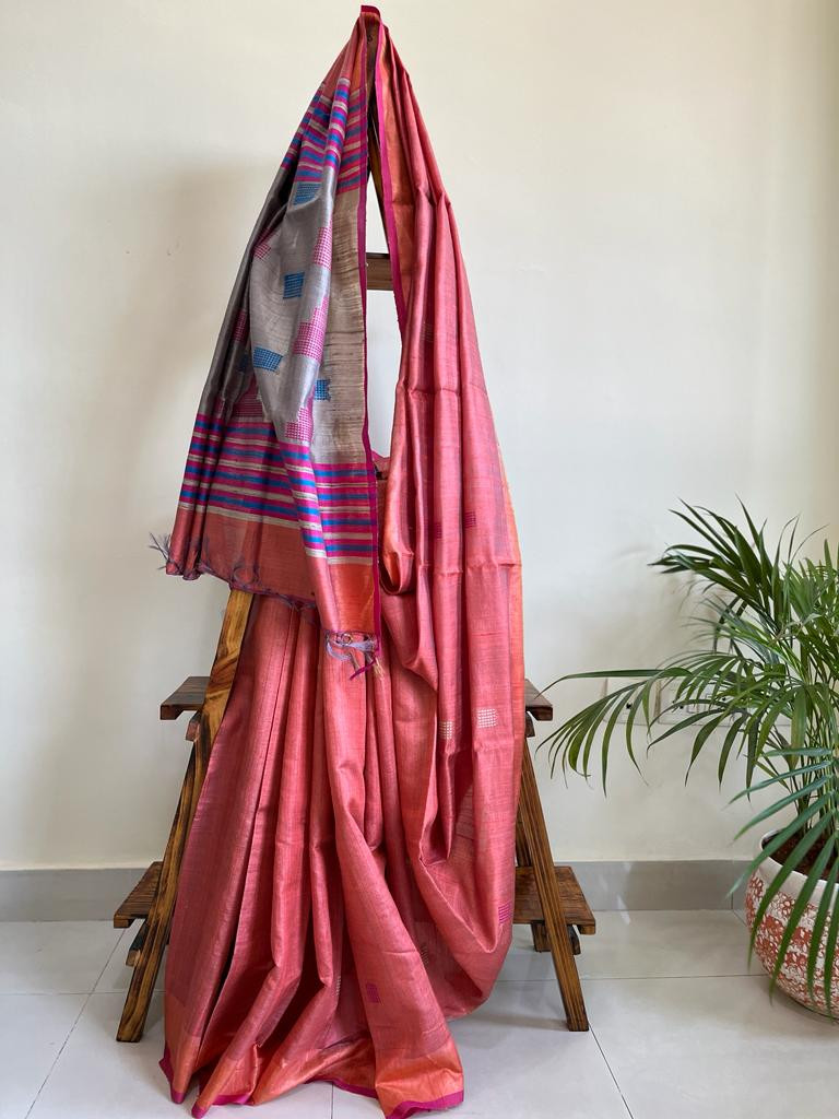 Pure Handwoven Raw Silk Saree- Light orange Grey