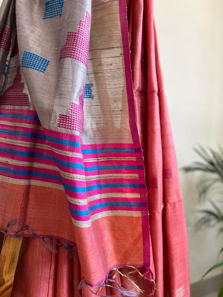 Pure Handwoven Raw Silk Saree- Light orange Grey