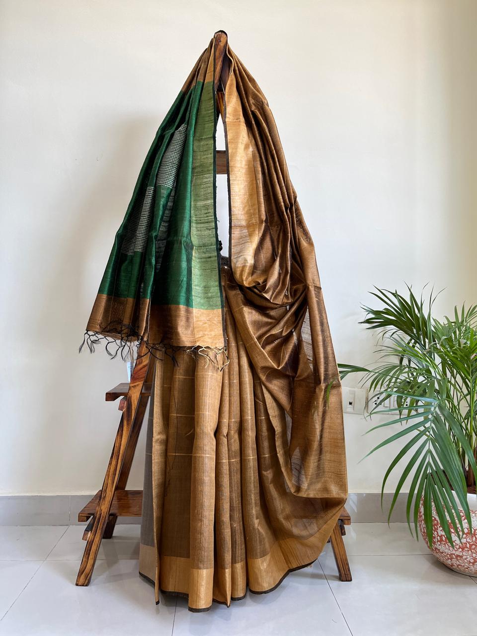 Pure Raw Silk Handloom Saree- Gold with Bottle Green