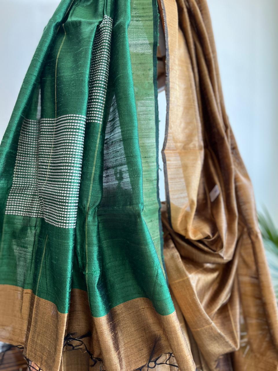Pure Raw Silk Handloom Saree- Gold with Bottle Green