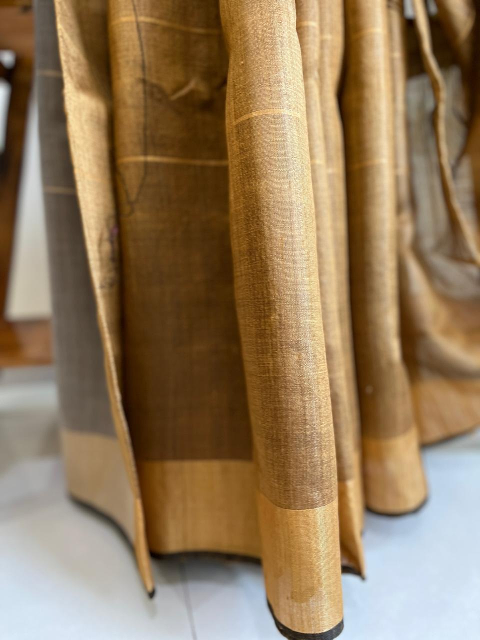 Pure Raw Silk Handloom Saree- Gold with Bottle Green