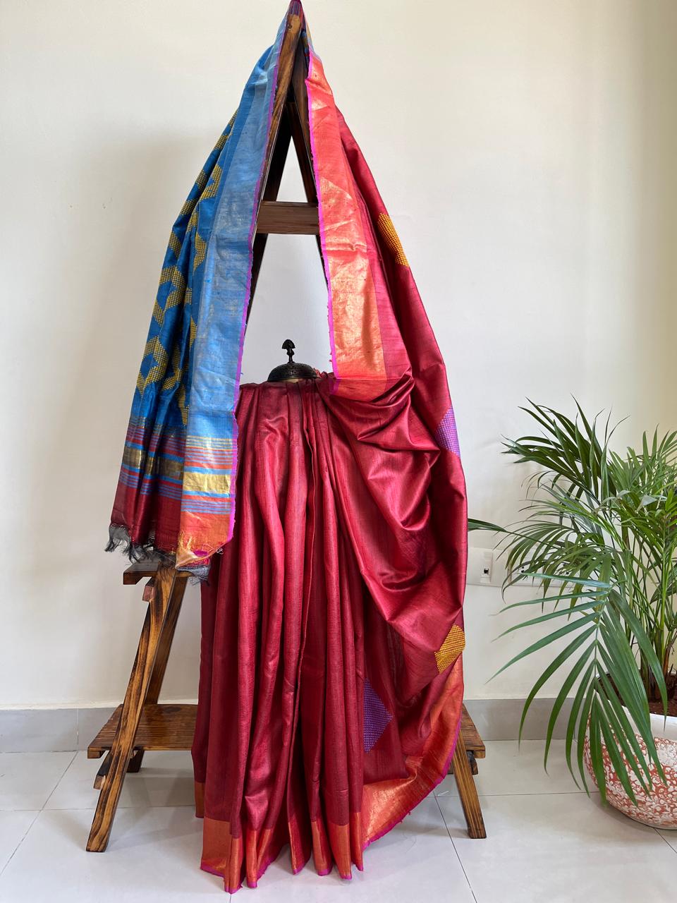 Pure Raw Silk Handloom Saree- Red with Blue
