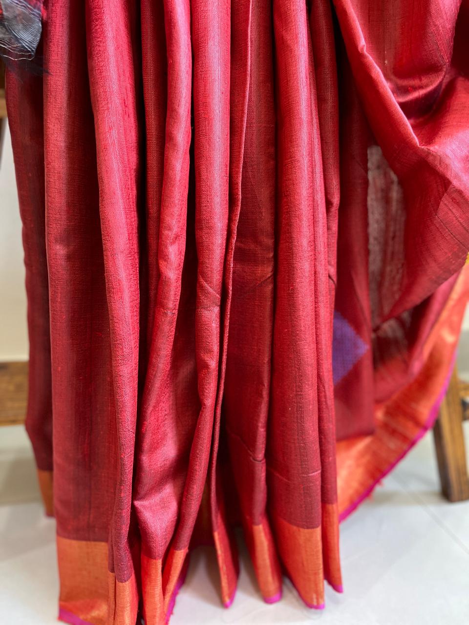 Pure Raw Silk Handloom Saree- Red with Blue