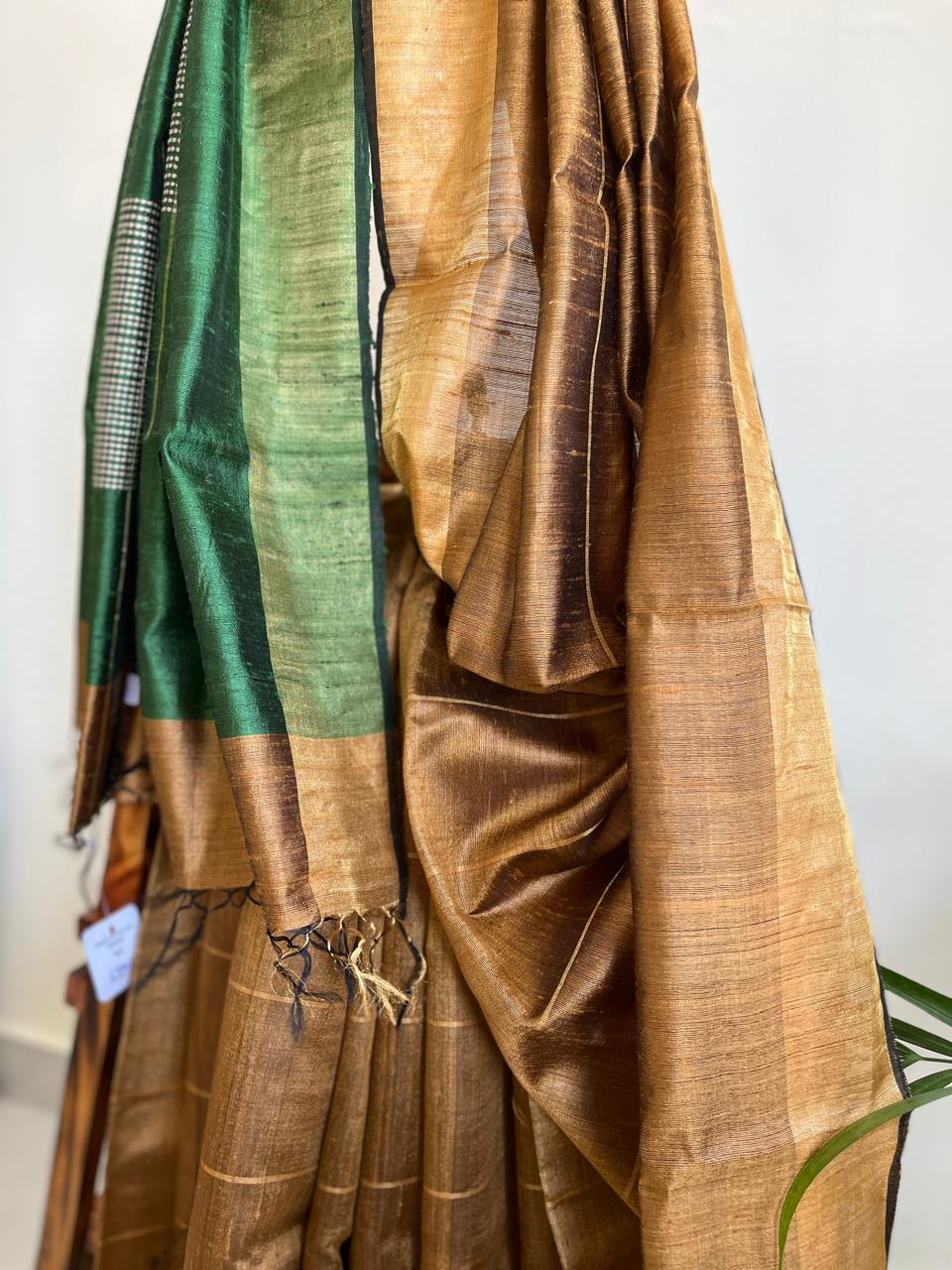Pure Raw Silk Handloom Saree- Gold with Bottle Green