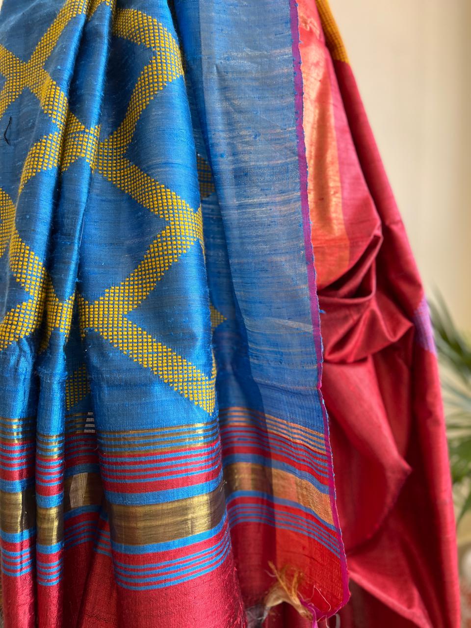 Pure Raw Silk Handloom Saree- Red with Blue