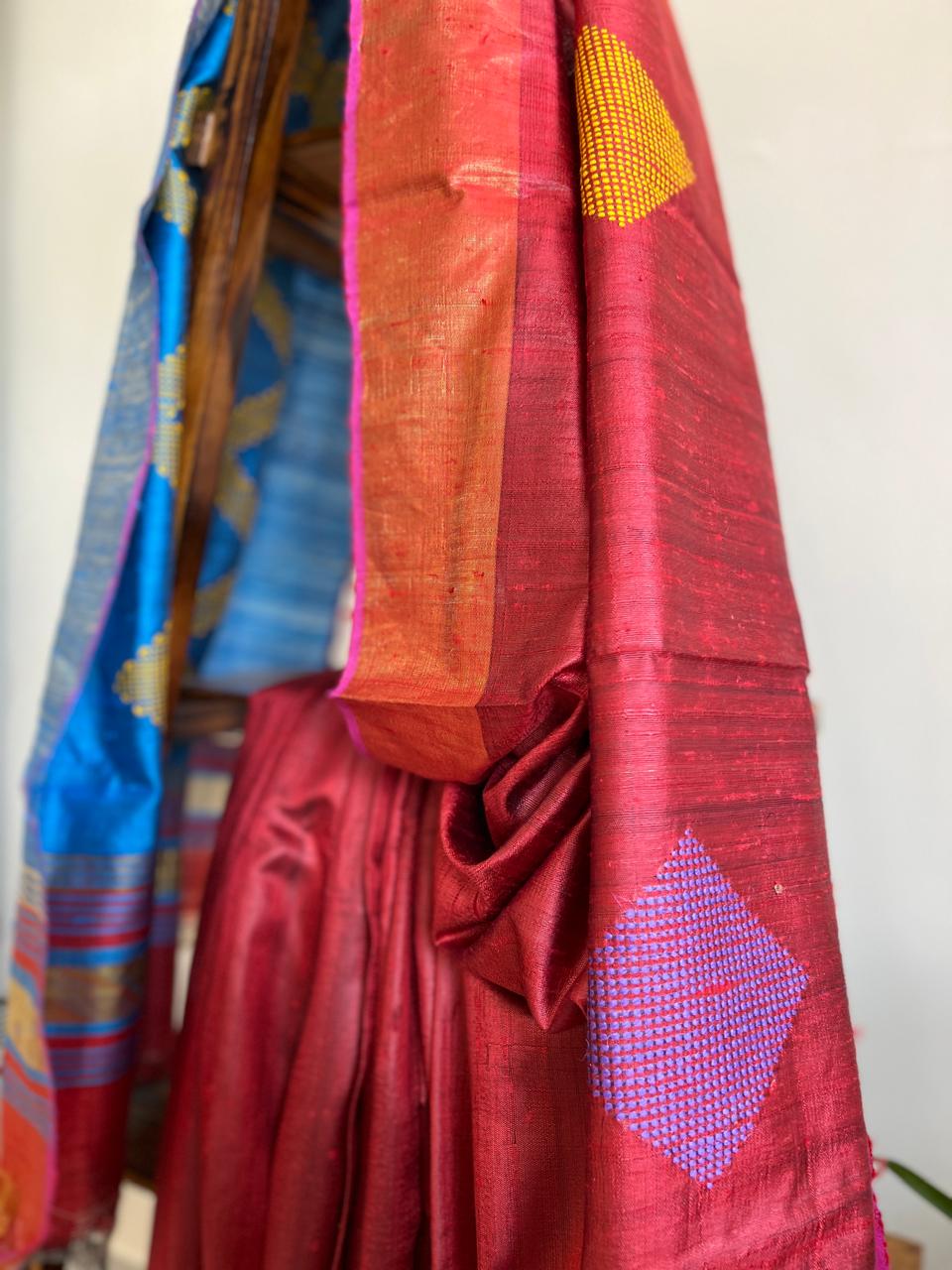 Pure Raw Silk Handloom Saree- Red with Blue