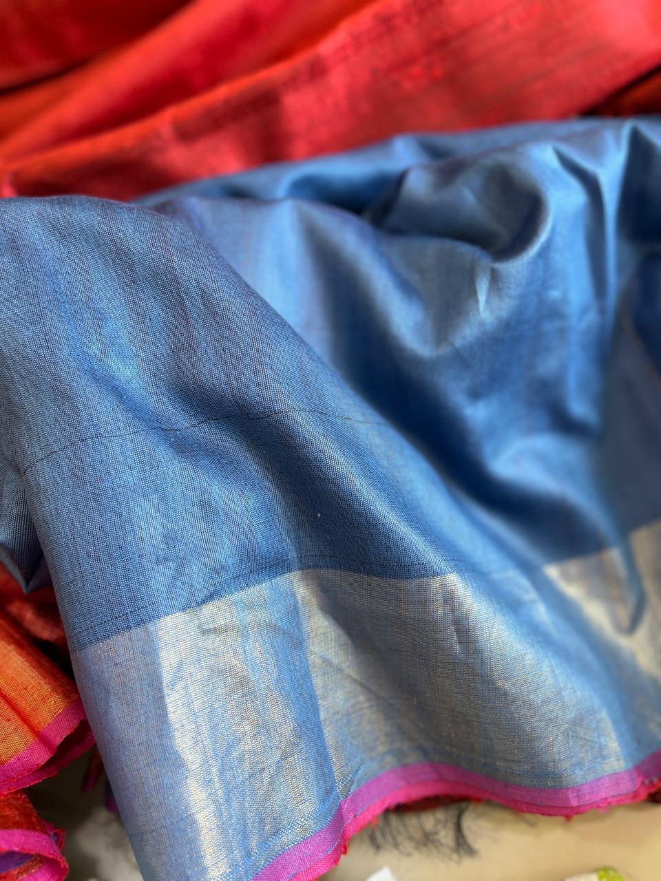 Pure Raw Silk Handloom Saree- Red with Blue