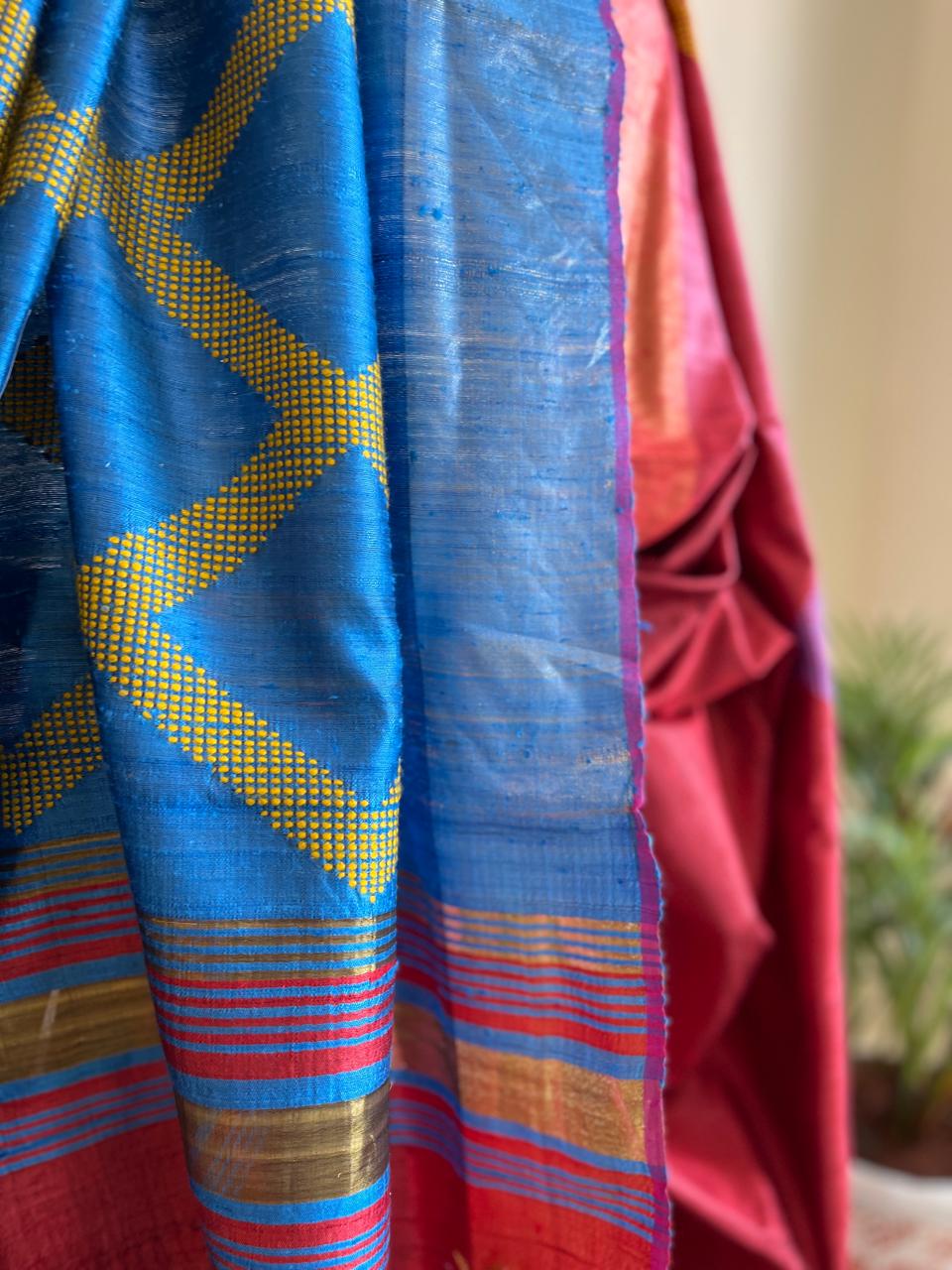 Pure Raw Silk Handloom Saree- Red with Blue