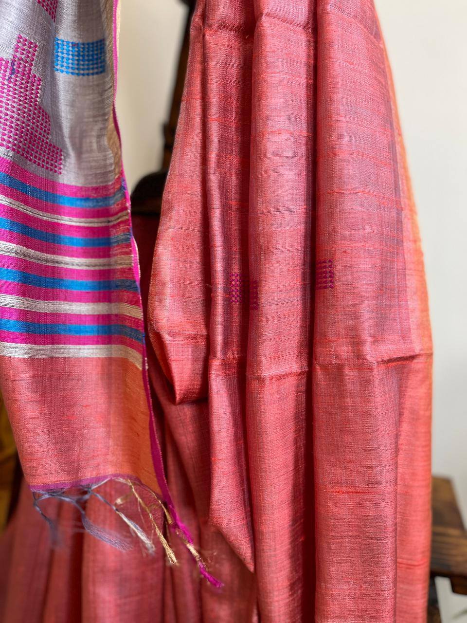 Pure Handwoven Raw Silk Saree- Light orange Grey