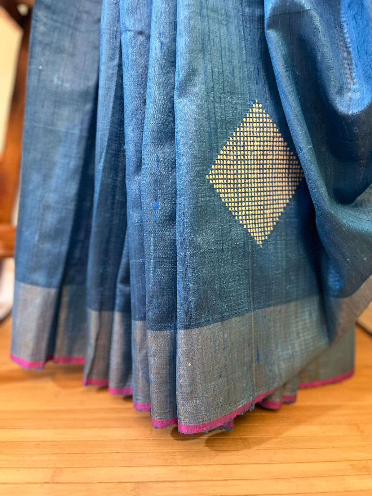 Pure Raw Silk Handloom Saree- Blue with Mustard