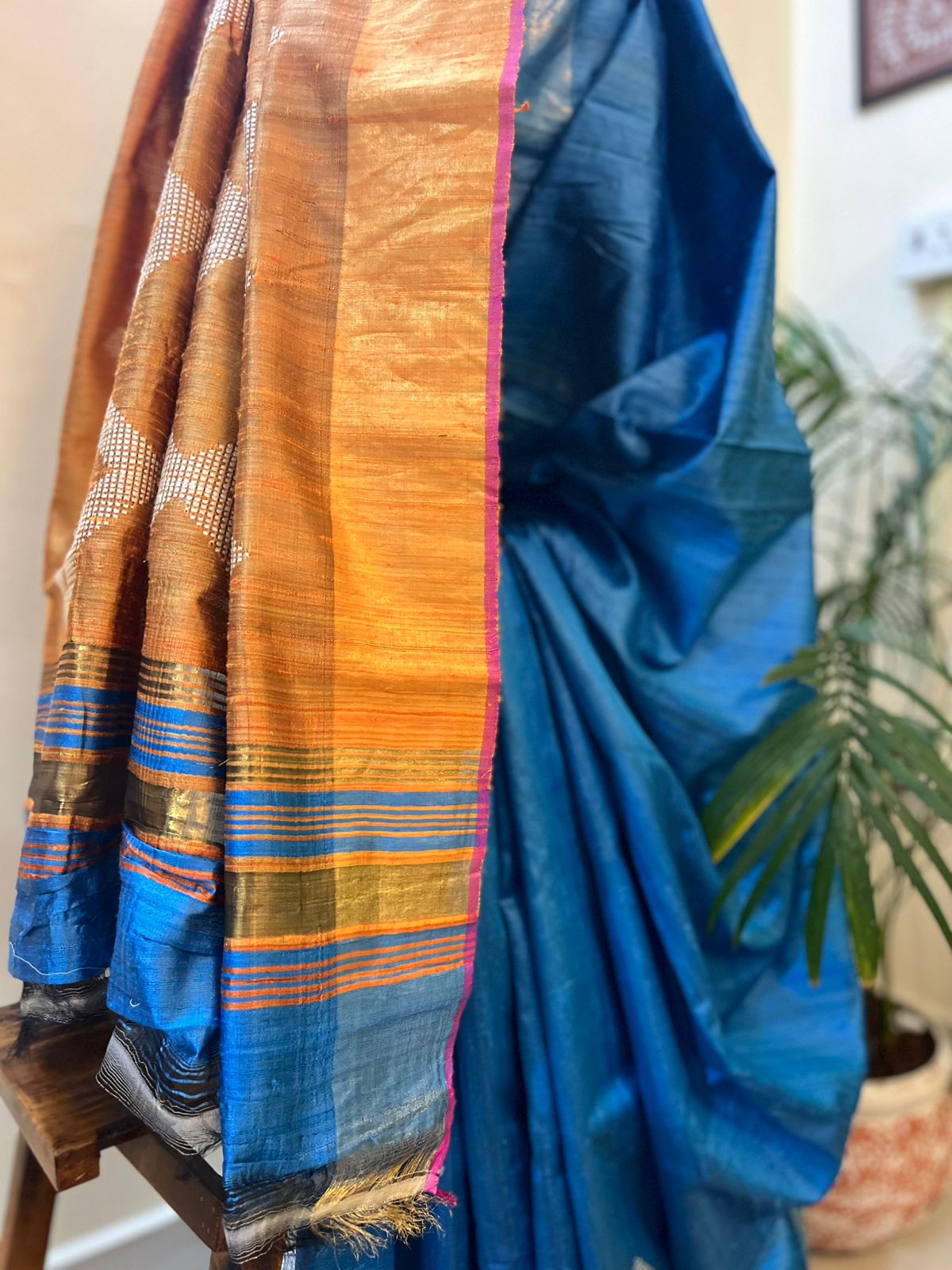 Pure Raw Silk Handloom Saree- Blue with Mustard